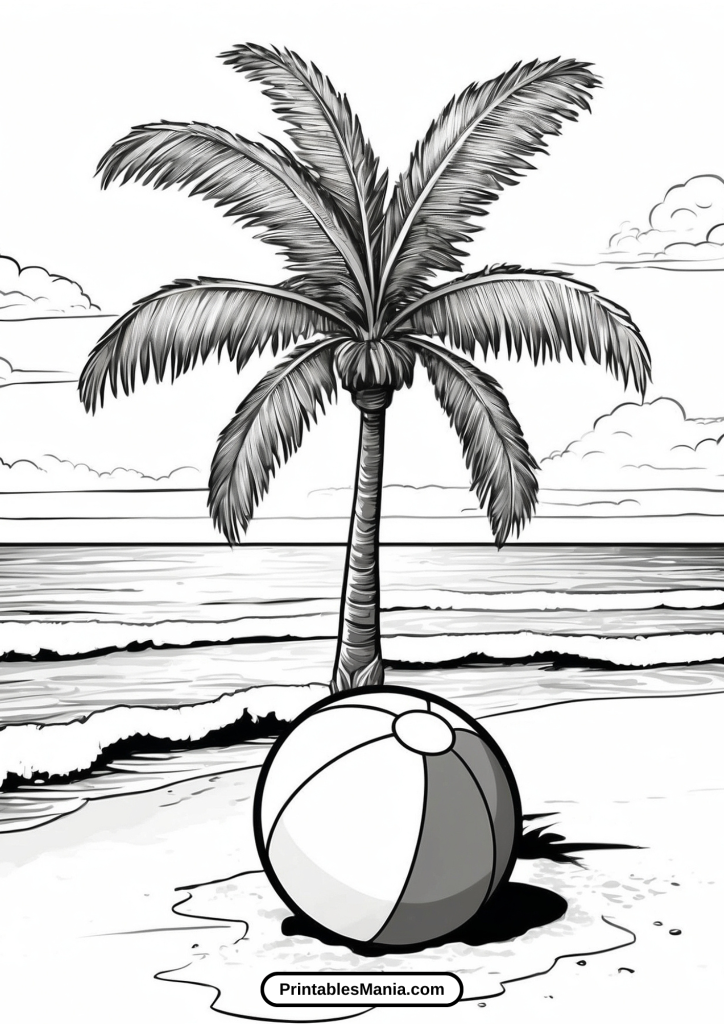 Palm Tree Coloring Page With A Beach Ball