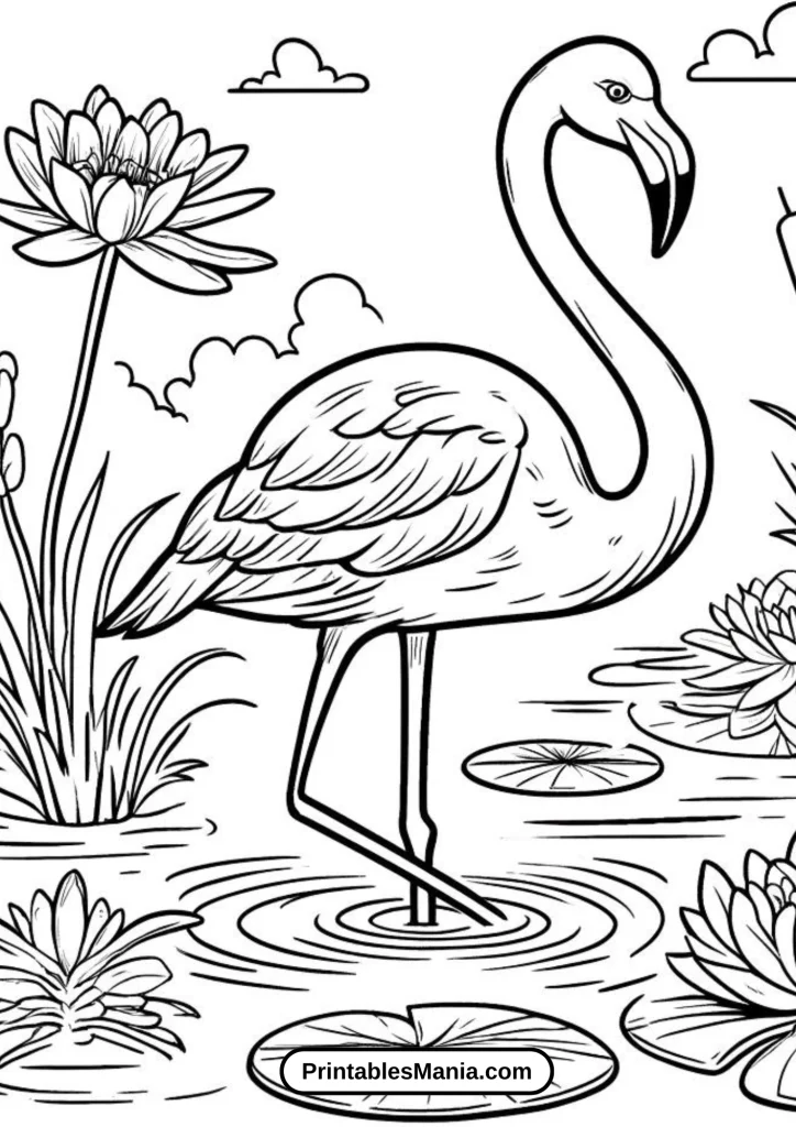 Elegant Flamingo Amidst Lilies On A Pond Coloring Page