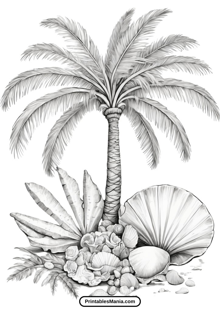 Palm Tree Coloring Page With Seashells