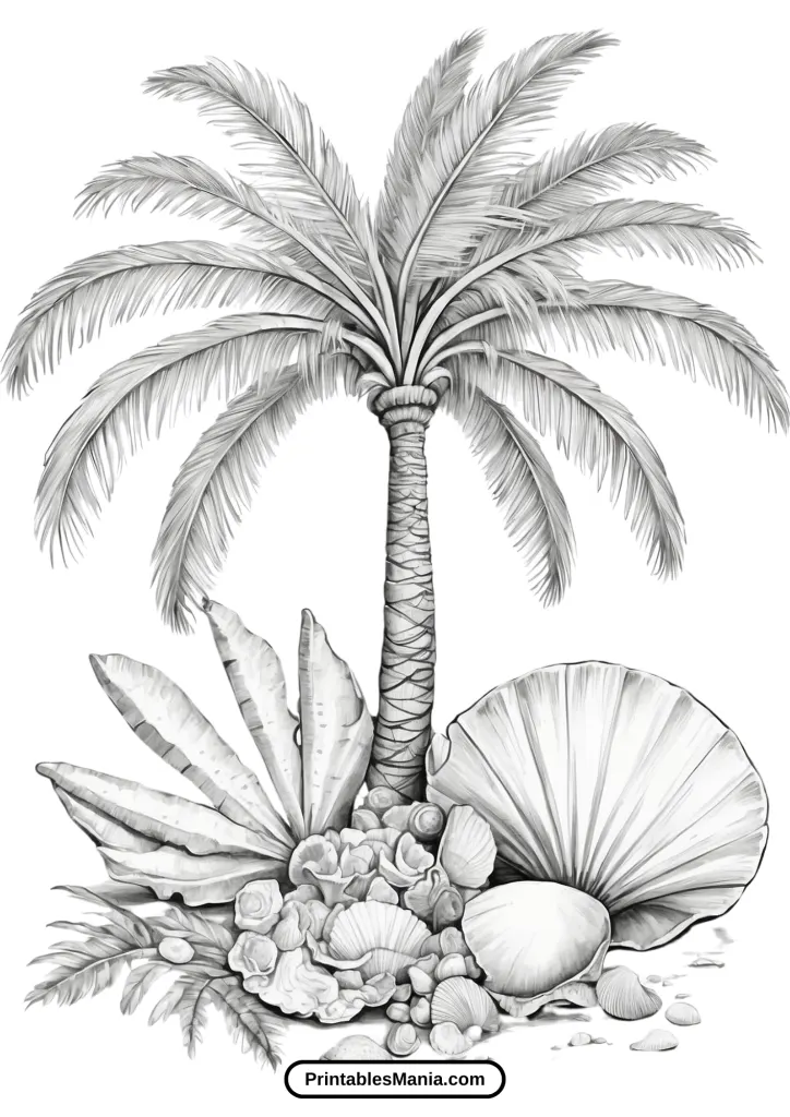 Palm Tree Coloring Page With Seashells