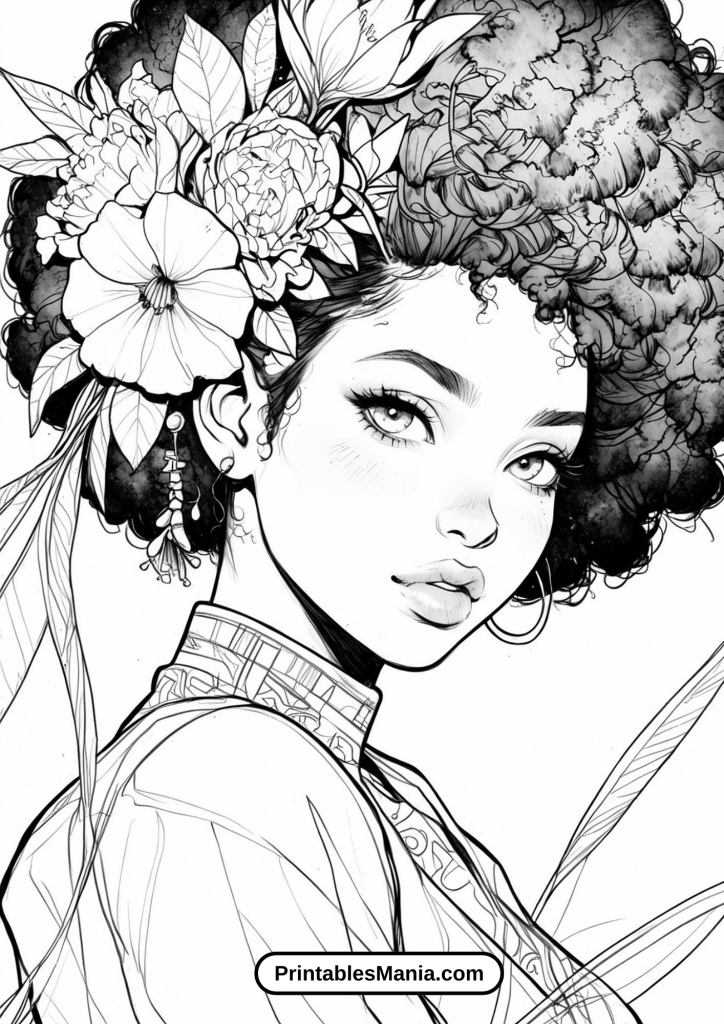 Black Girl with a Vibrant Bouquet in her Curly Hair Coloring Page