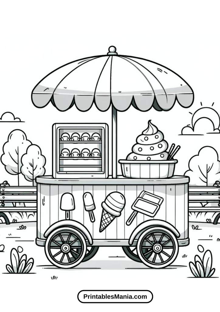 Coloring Sheet of an Ice Cream Truck Parked at a Lively Beach