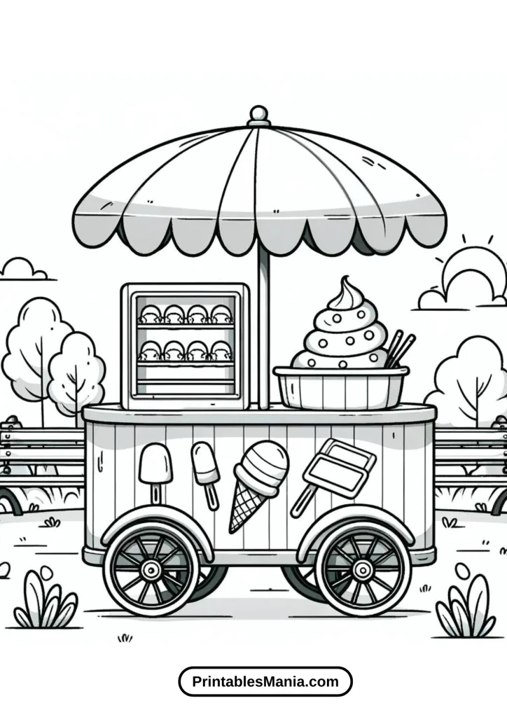 Coloring Sheet of an Ice Cream Truck Parked at a Lively Beach