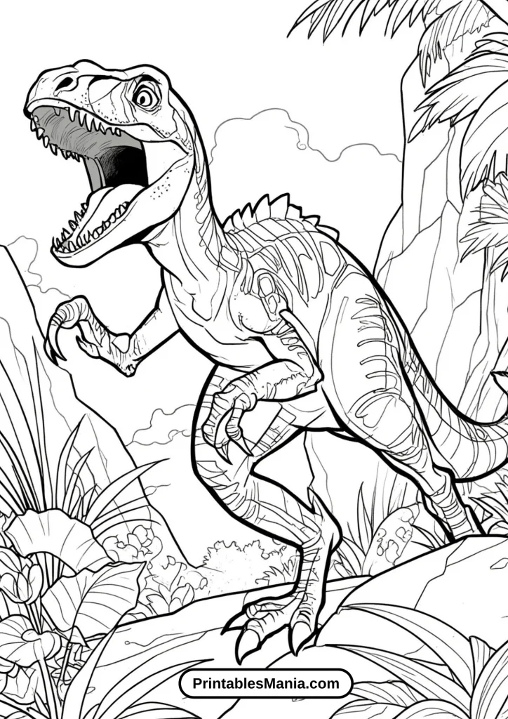 Illustration of Velociraptor Attacking Coloring Sheet