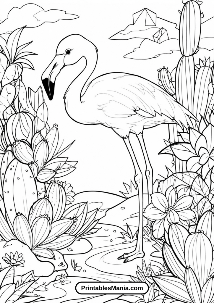 Colorful Scene With A Flamingo And A Blooming Cactus Coloring Page