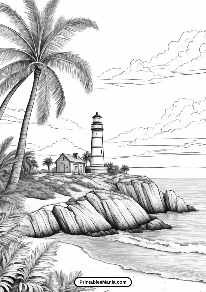 Palm Tree Coloring Page With A Lighthouse