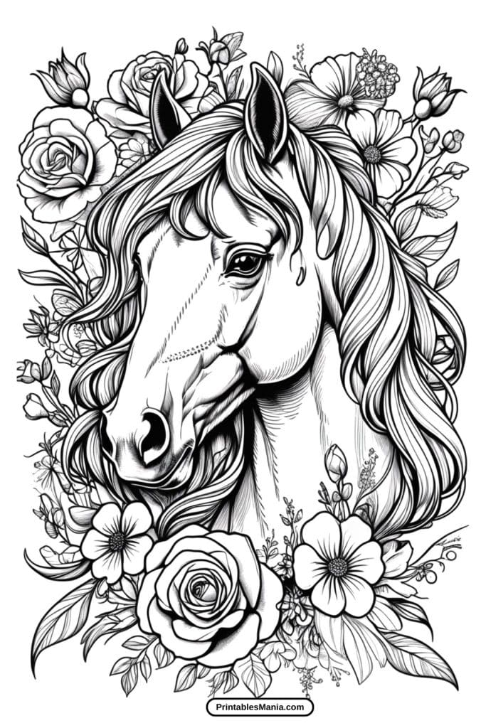 detailed black-and-white horse coloring page for relaxation