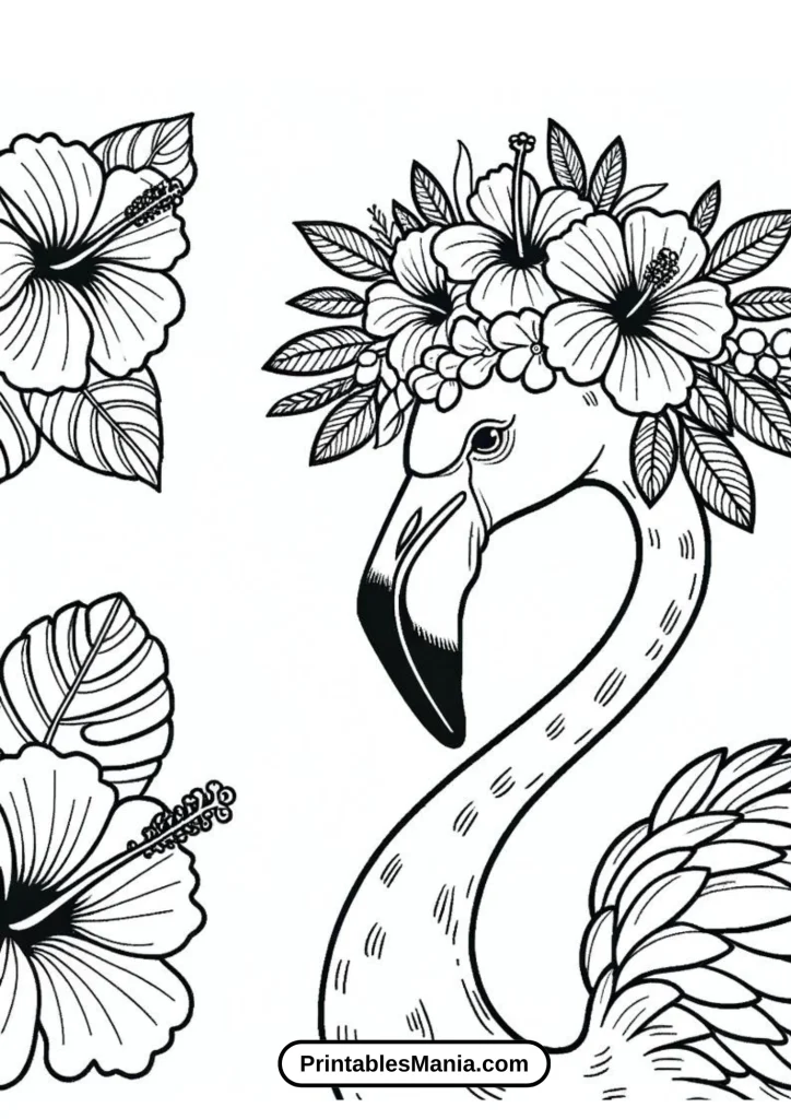 Flamingo With A Crown Of Hibiscus Flowers Coloring Activity For Relaxation