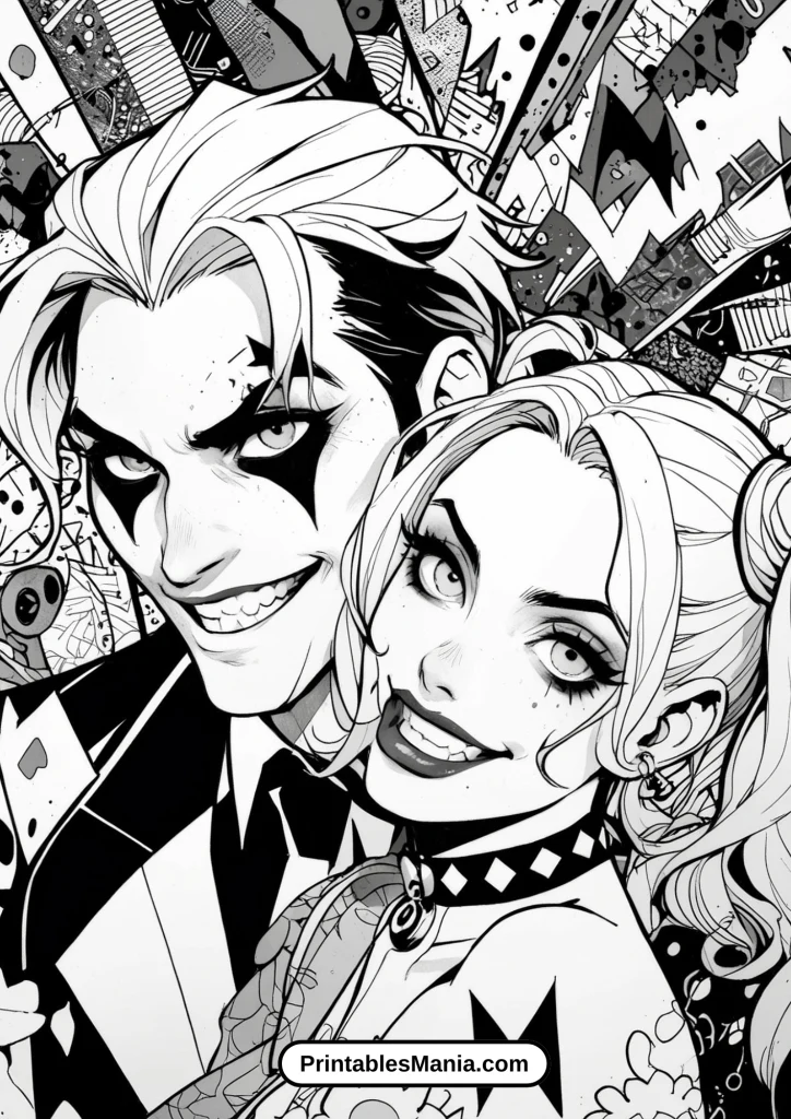 Harley Quinn and Joker Sharing a Moment Amidst Chaos 