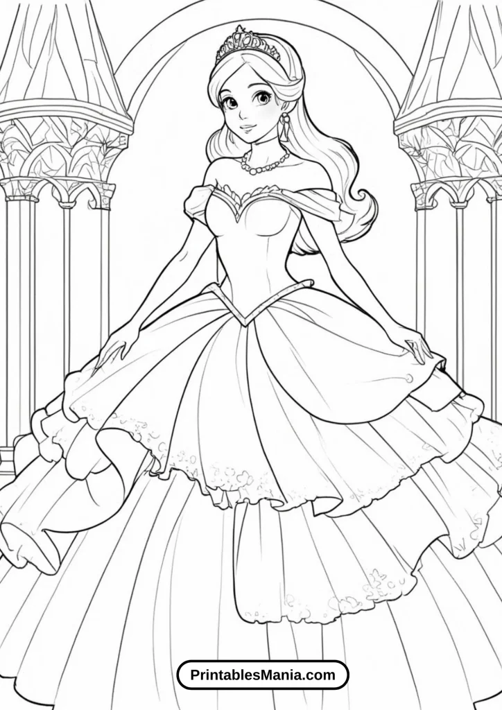 Princess in an Off-the-Shoulder Glitter Gown at a Royal Ball Coloring Page