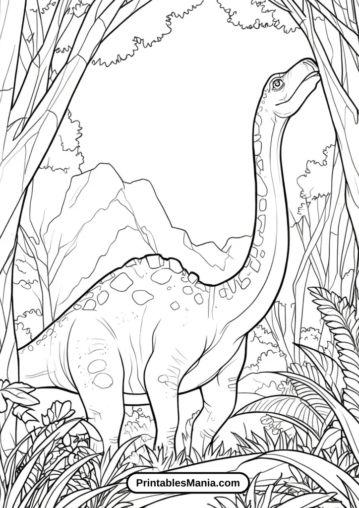 Illustration of Brachiosaurus in the Forest Coloring Sheet