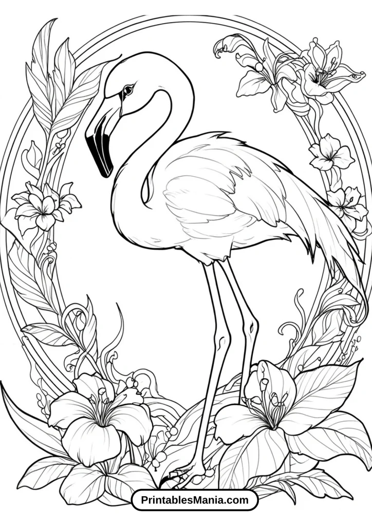 Fantasy Flamingo With Mythical Flowers Coloring Page