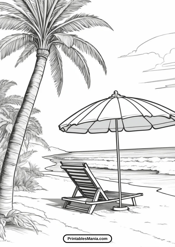 Palm Tree And Beach Umbrella Coloring Page