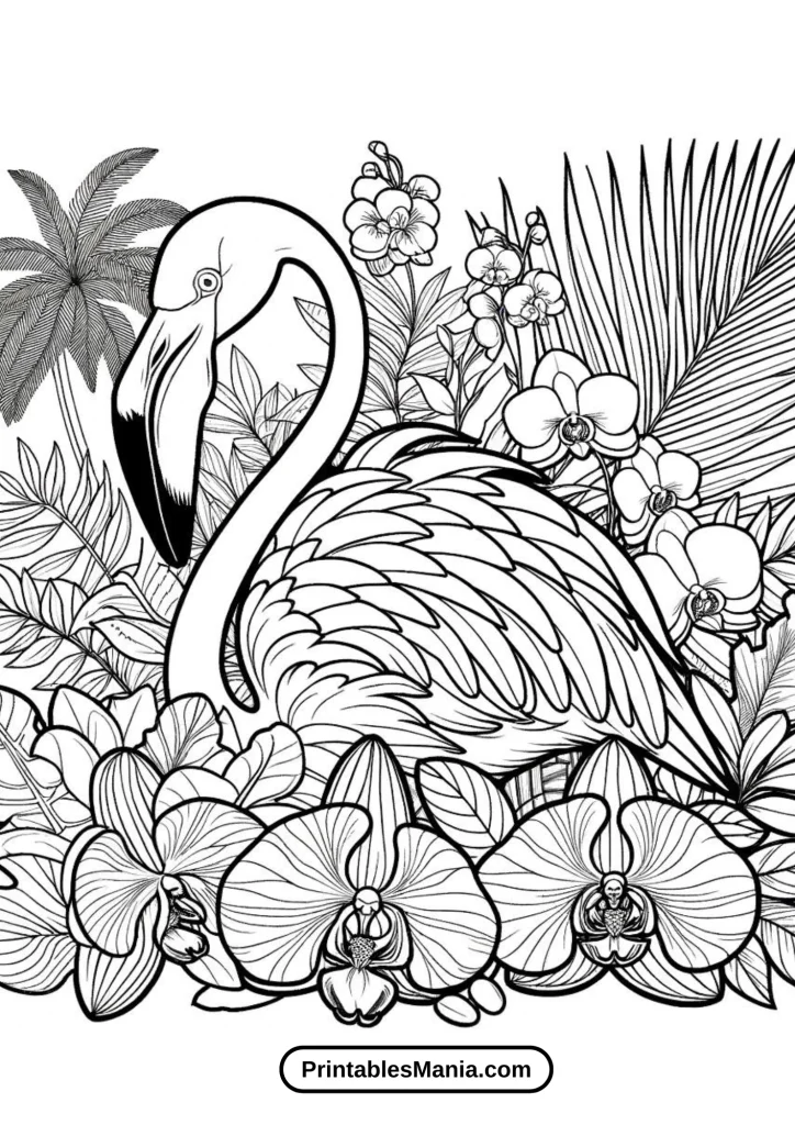 Flamingo And Orchids Tropical Paradise Coloring Page