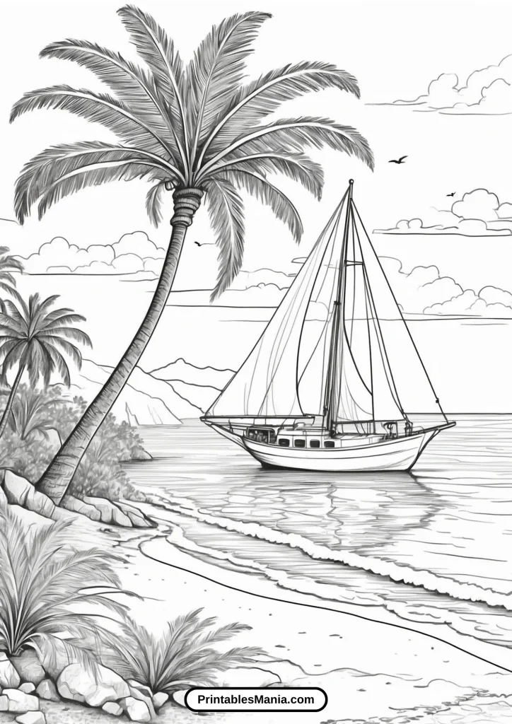 Palm Tree Coloring Page With A Sailing Boat