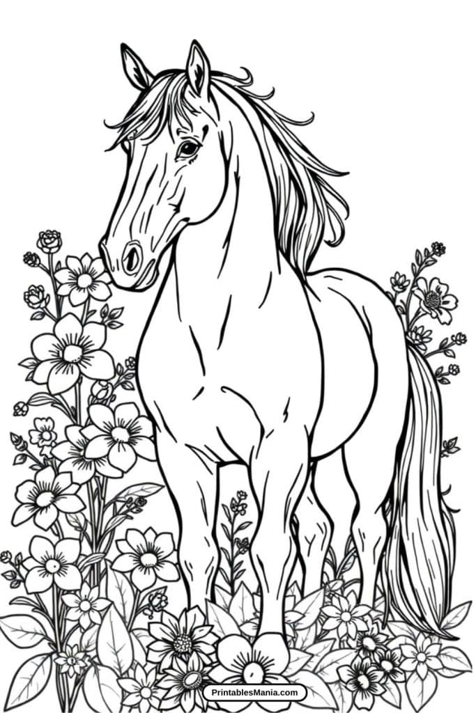 majestic horse standing in flowers coloring page