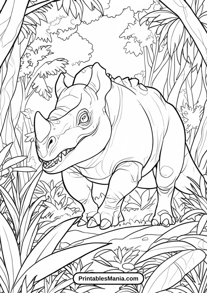 Coloring Page of Triceratops in the Jungle