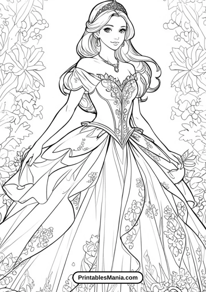 Coloring Sheet of a Princess in a Floral Dress at an Elegant Luncheon