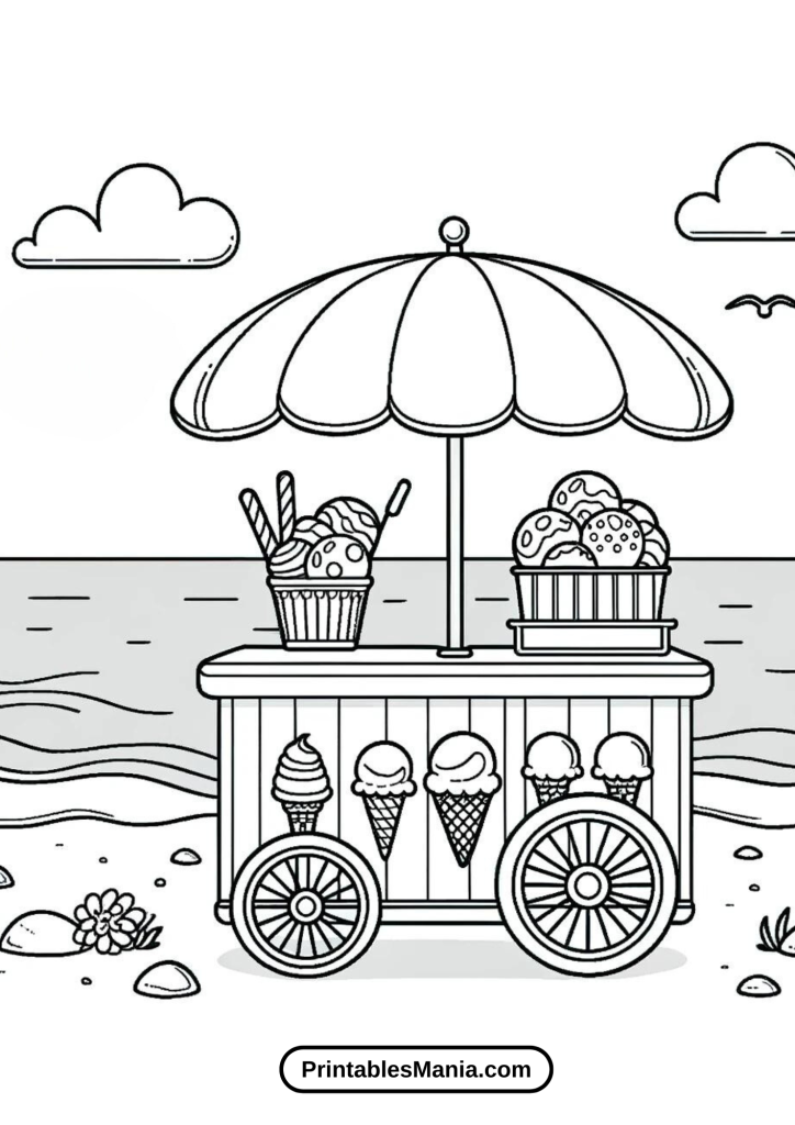 Vintage Ice Cream Truck Coloring Page Parked at a Sunny Beach