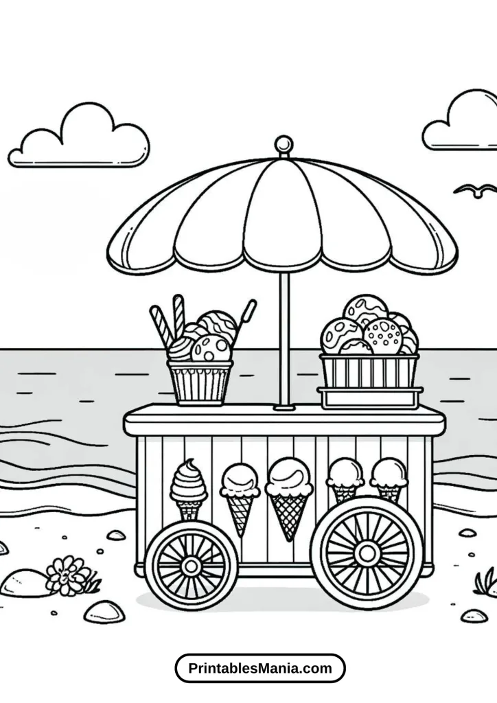 Vintage Ice Cream Truck Coloring Page Parked at a Sunny Beach