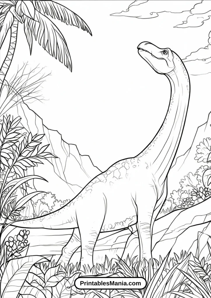 Illustration of Brachiosaurus Reaching for Leaves Coloring Sheet