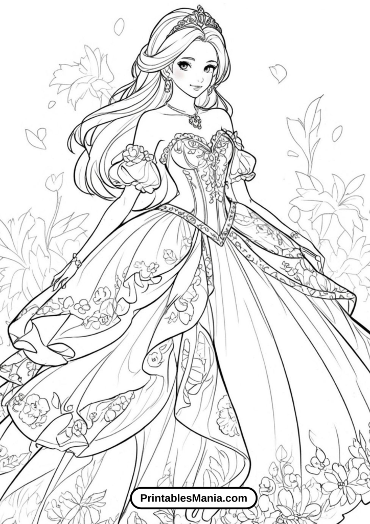 Coloring Page of a Princess in a Floral Wrap Dress at a Botanical Garden