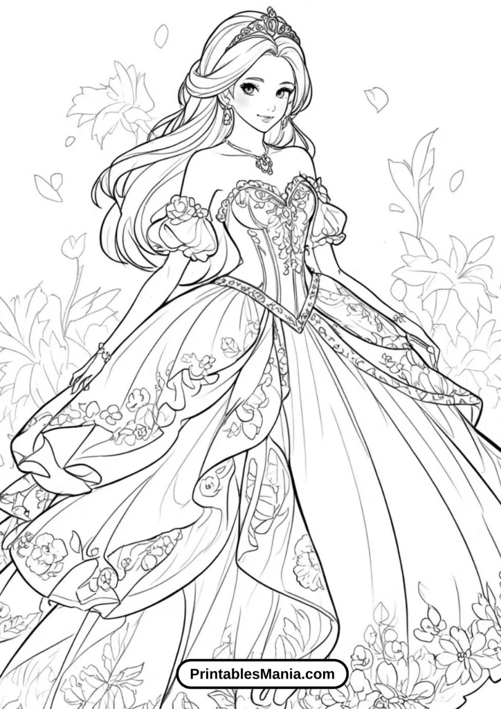 Coloring Page of a Princess in a Floral Wrap Dress at a Botanical Garden