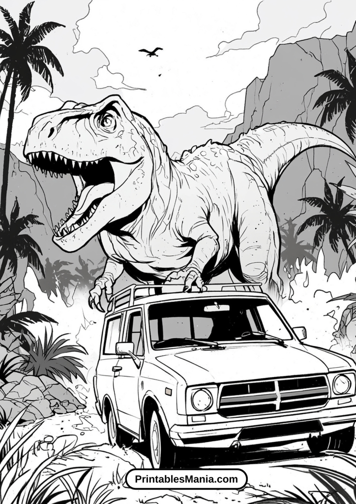 Illustration of T-Rex Hunting a Car Coloring Sheet