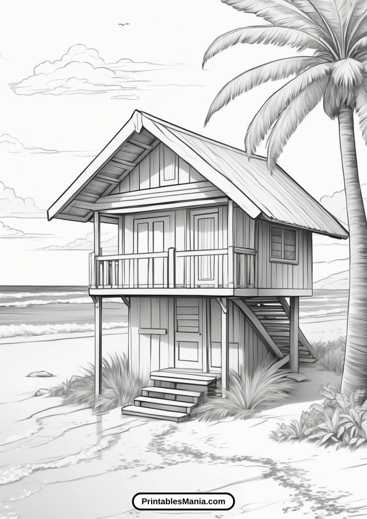 Palm Tree Coloring Page With A Beach Hut