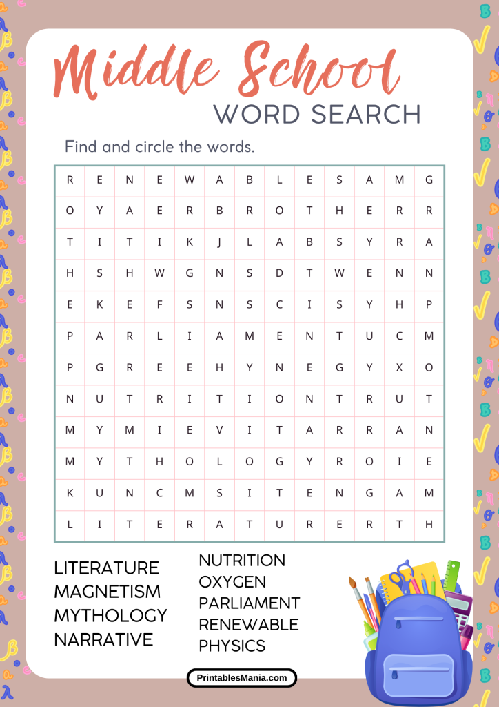 Engaging Word Search Puzzle For Middle Schoolers With Math Terms