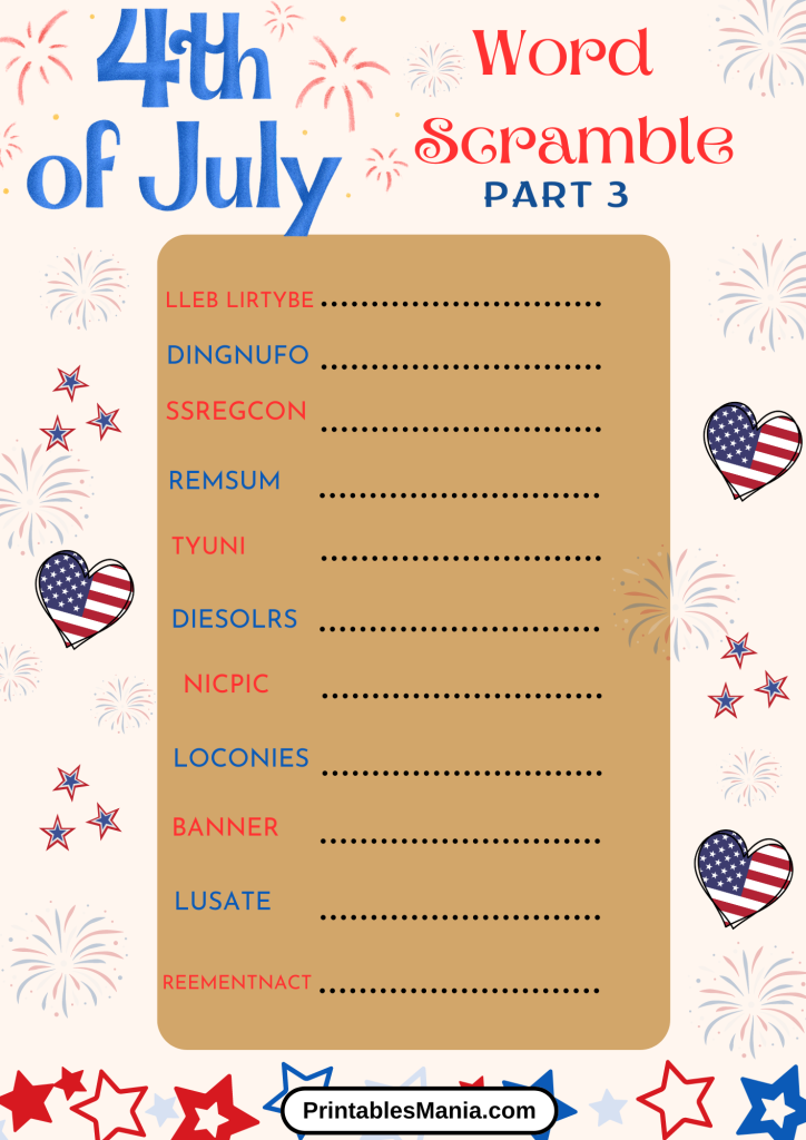 Educational 4th of July Activity Sheet for Kids Featuring Word Puzzle