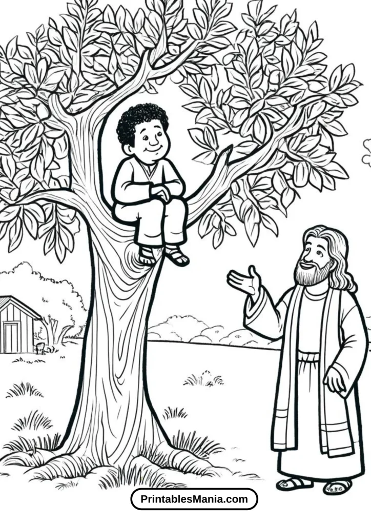 Kids Coloring Page Depicting Zacchaeus Meeting Jesus