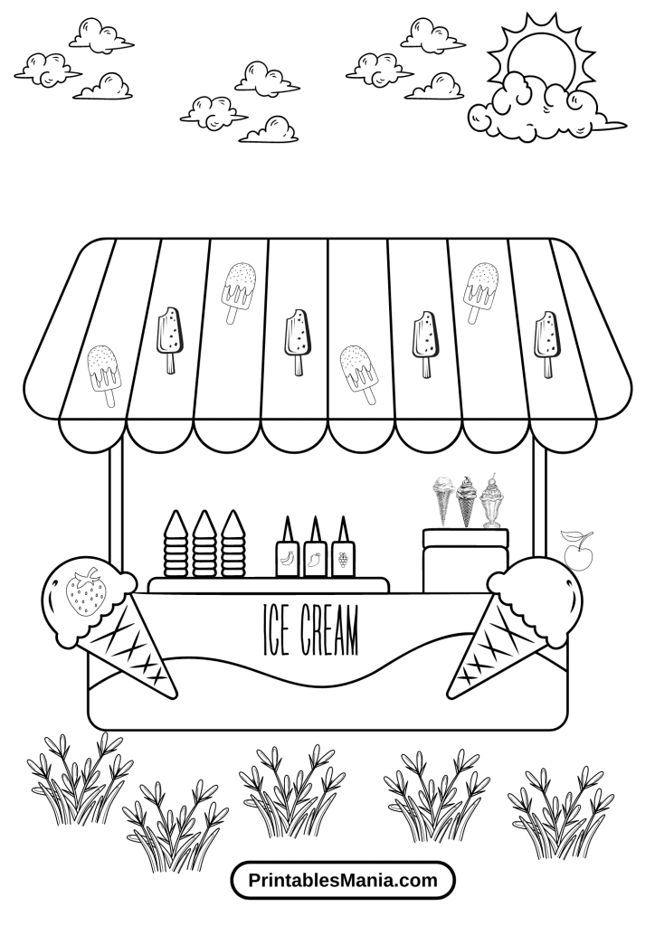 Outdoor Ice Cream Stand Coloring Page at a Bustling City Park