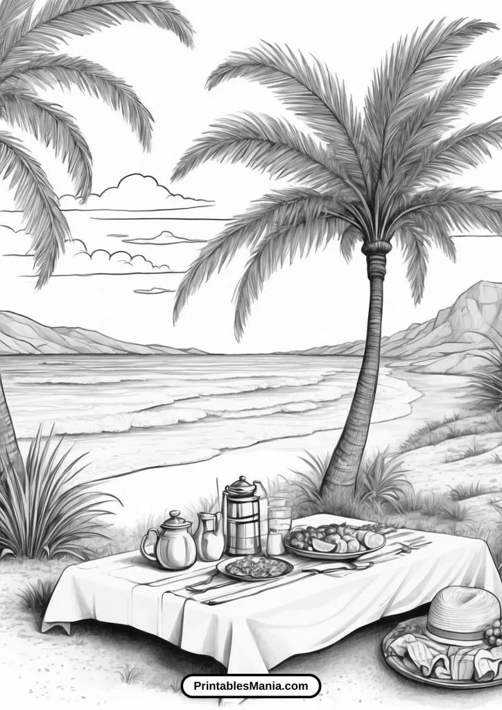 Palm Tree Coloring Page With A Picnic 