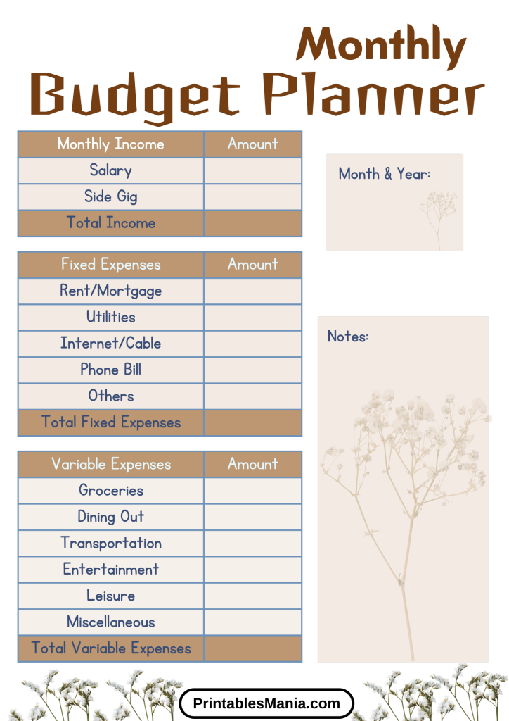 Contemporary Floral Budget Planner with Minimalist Buds