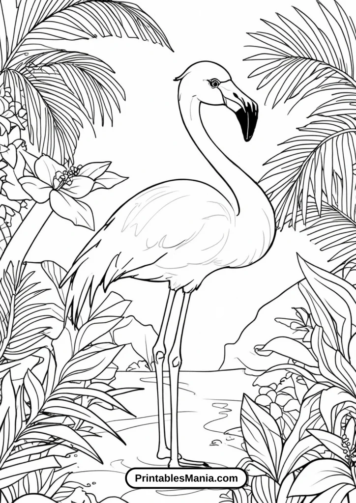 Coloring Page Of Flamingo In Tropical Setting For Kids