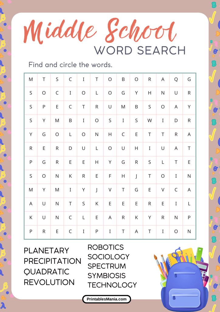 Educational Word Search Printable For Middle Schoolers With Biology Terms