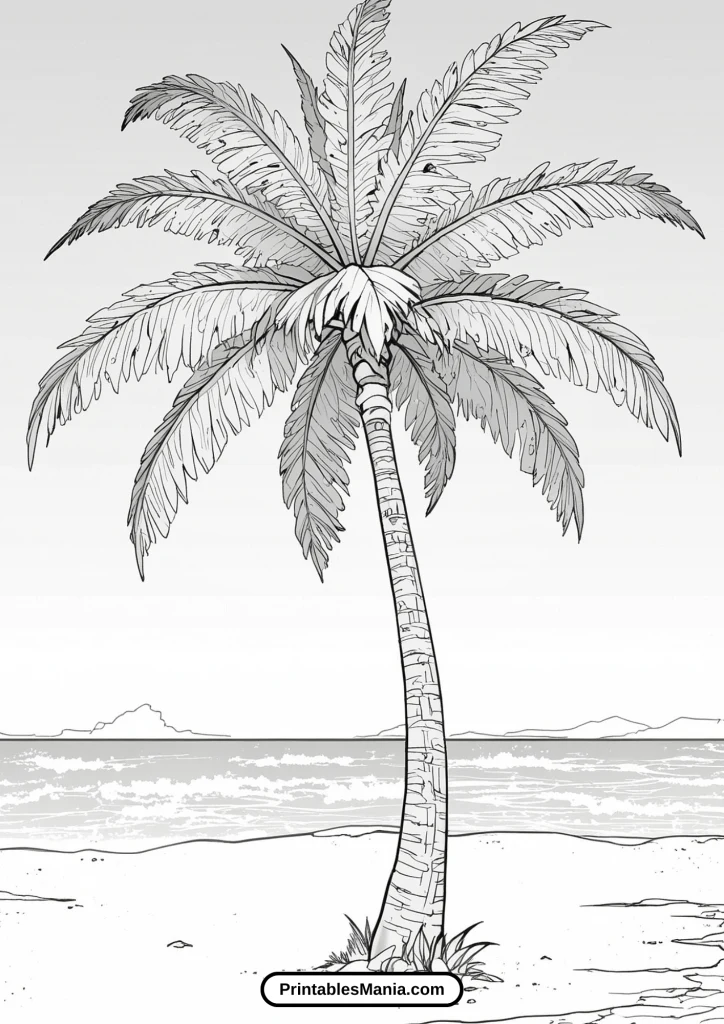 Palm Tree Coloring Page With A Tropical Beach Background