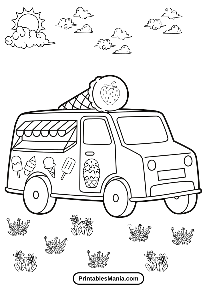 Busy Weekday at an Urban Ice Cream Shop Coloring Page