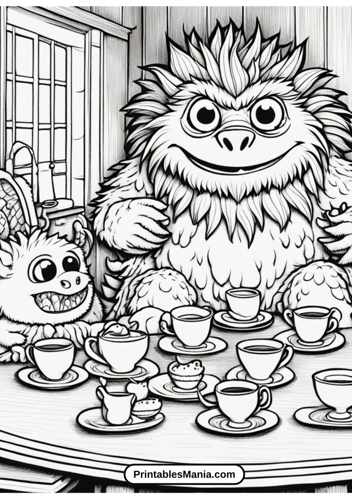 My Pet Monster Tea Party Coloring Page With Fancy Teacups