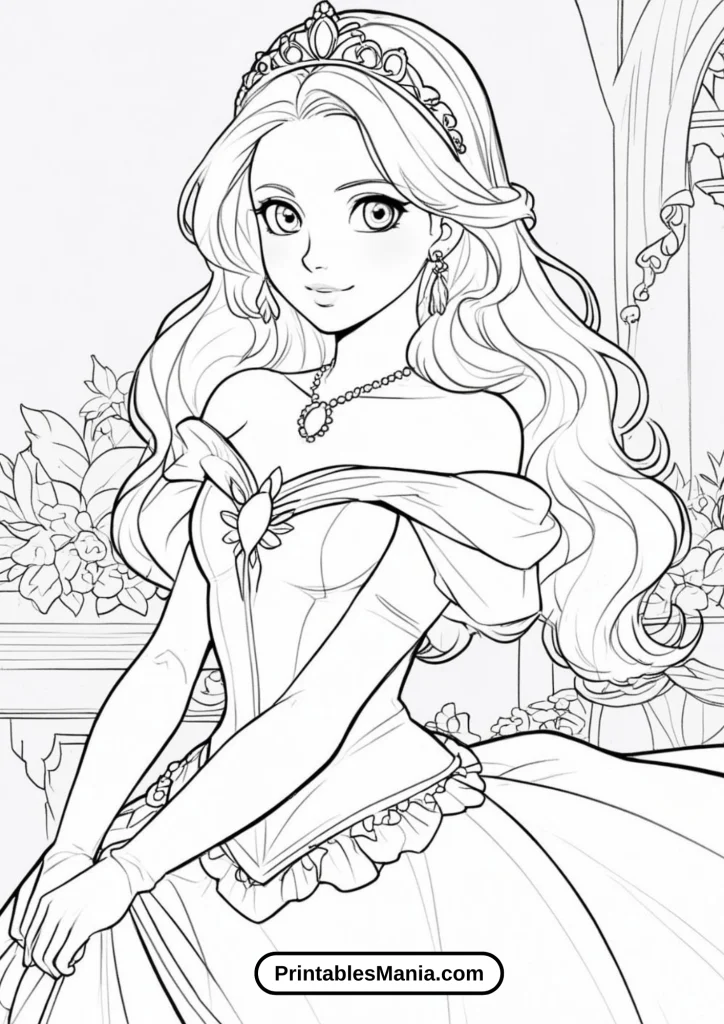 Princess with Long Flowing Hair Coloring Page