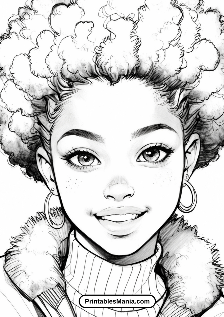 Coloring Page of a Beautiful Black Girl with Sparkling Earrings and a Stylish Updo