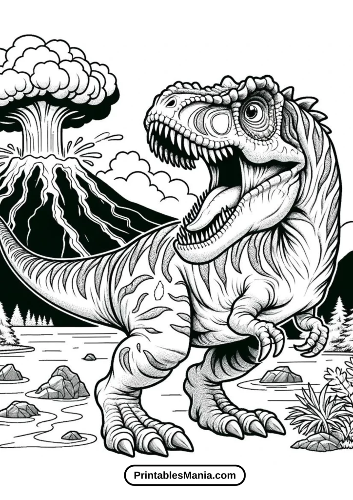 Spinosaurus Roaring with Volcano in the Background Coloring Page