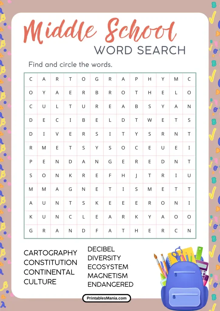 Middle School Printable Word Search