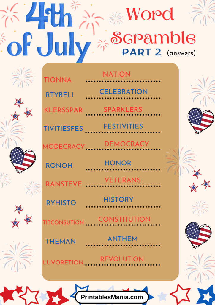 Printable Word Puzzle for 4th of July Celebration