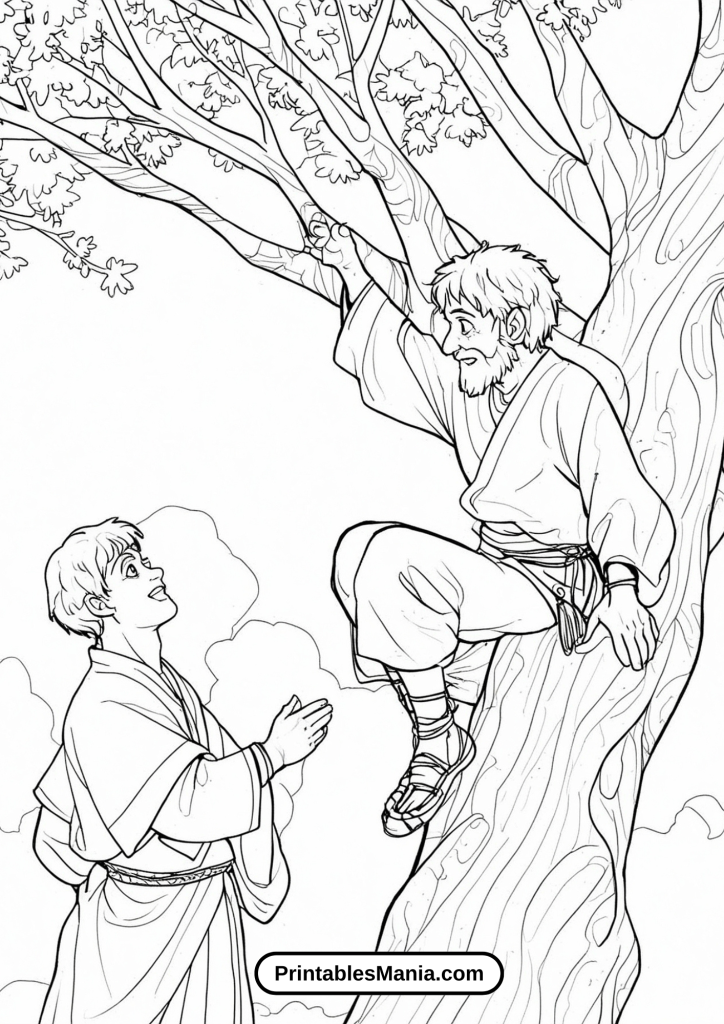 Illustrated Page of Zacchaeus Awaiting Jesus in a Tree