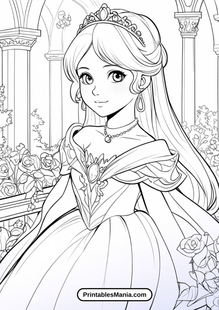 Fairy-tale Princess in a Garden with Magical Glowing Flowers Coloring Activity