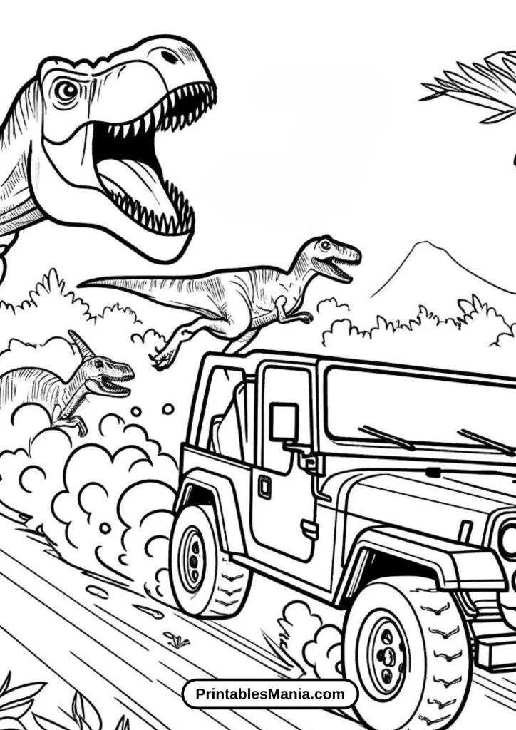 Jurassic World Jeep Being Chased by Dinosaurs Coloring Page