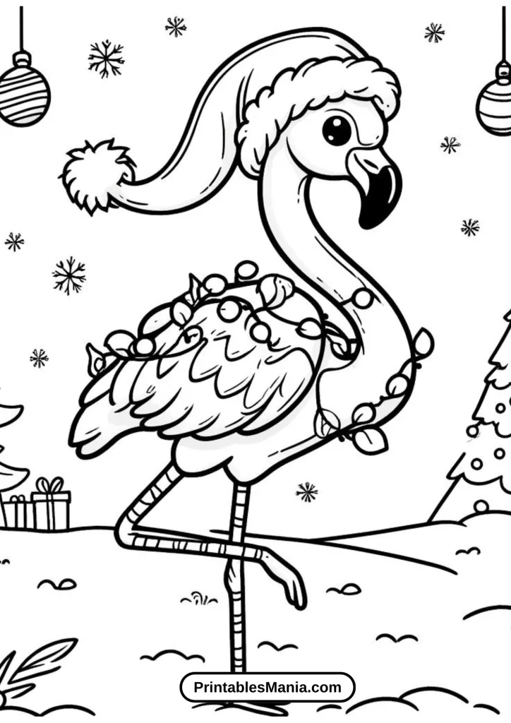 Holiday-themed Flamingo With Christmas Hat Coloring Page