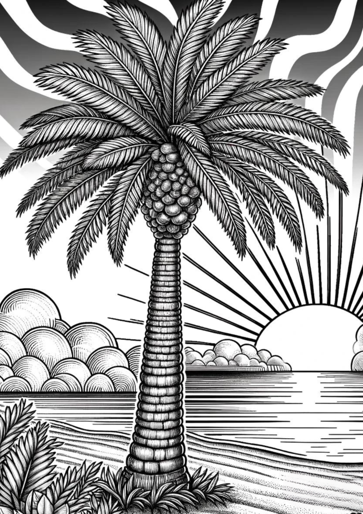 Palm Tree Coloring Page With A Sunset Horizon